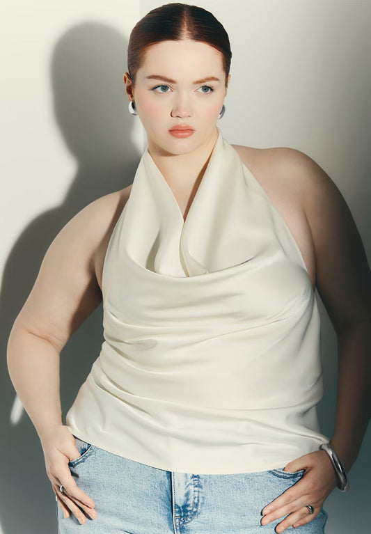 ELOQUII Satin Halter Top - Jet Stream