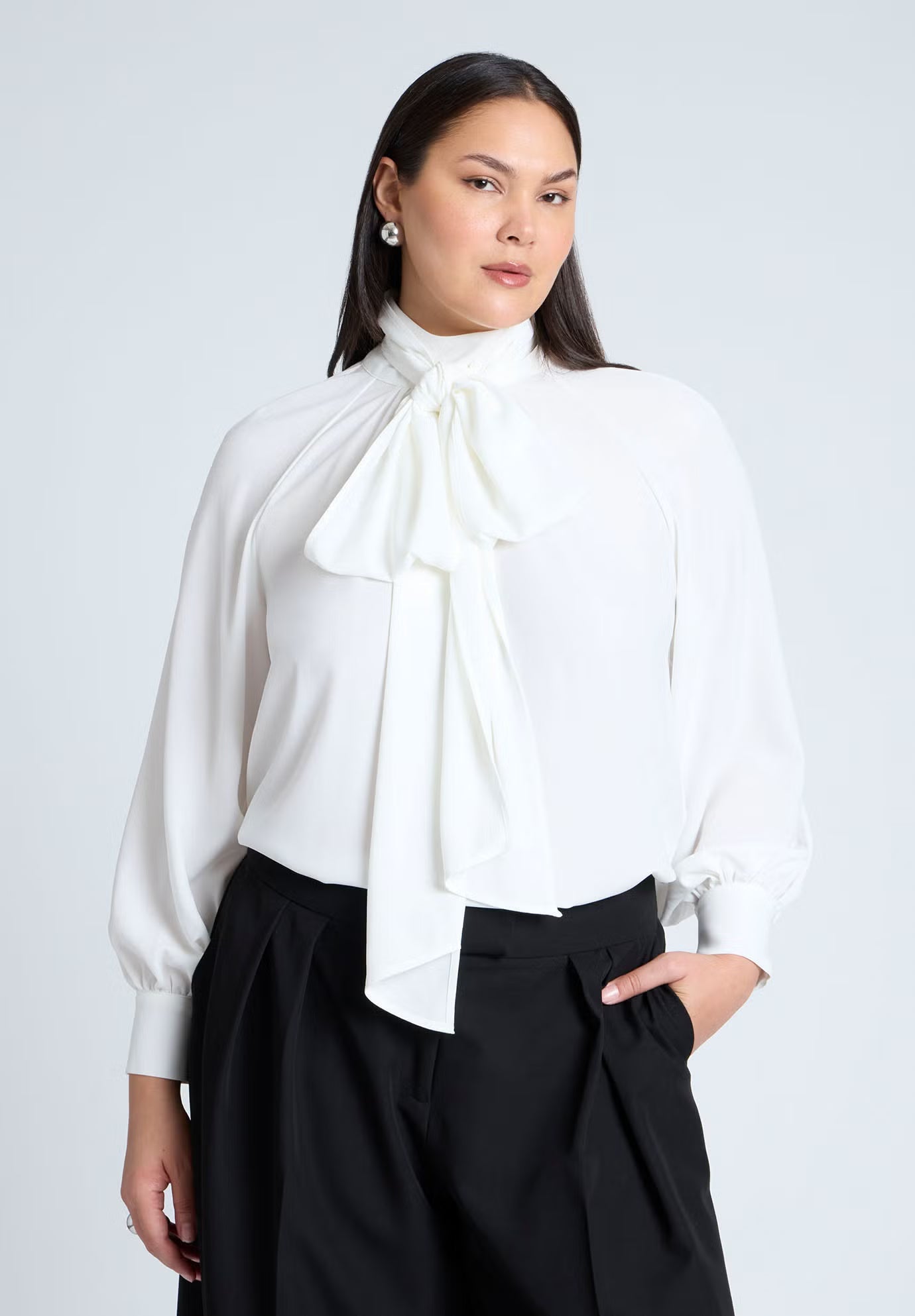 ELOQUII Dramatic Neck-Tie Blouse - Sugar Swizzle