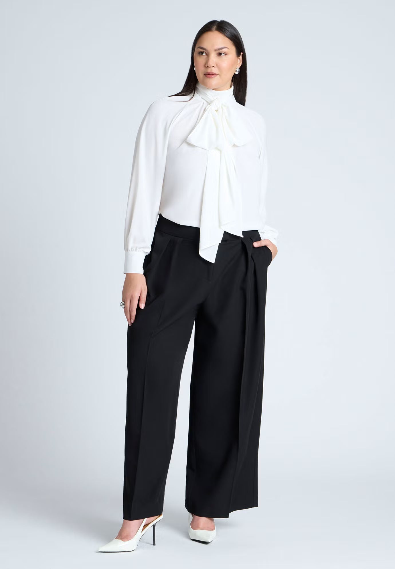 ELOQUII Dramatic Neck-Tie Blouse - Sugar Swizzle