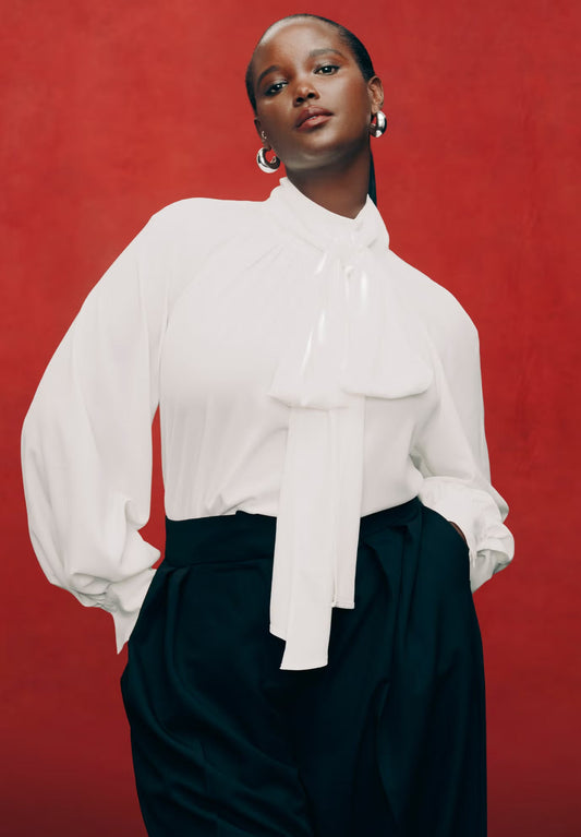ELOQUII Dramatic Neck-Tie Blouse - Sugar Swizzle