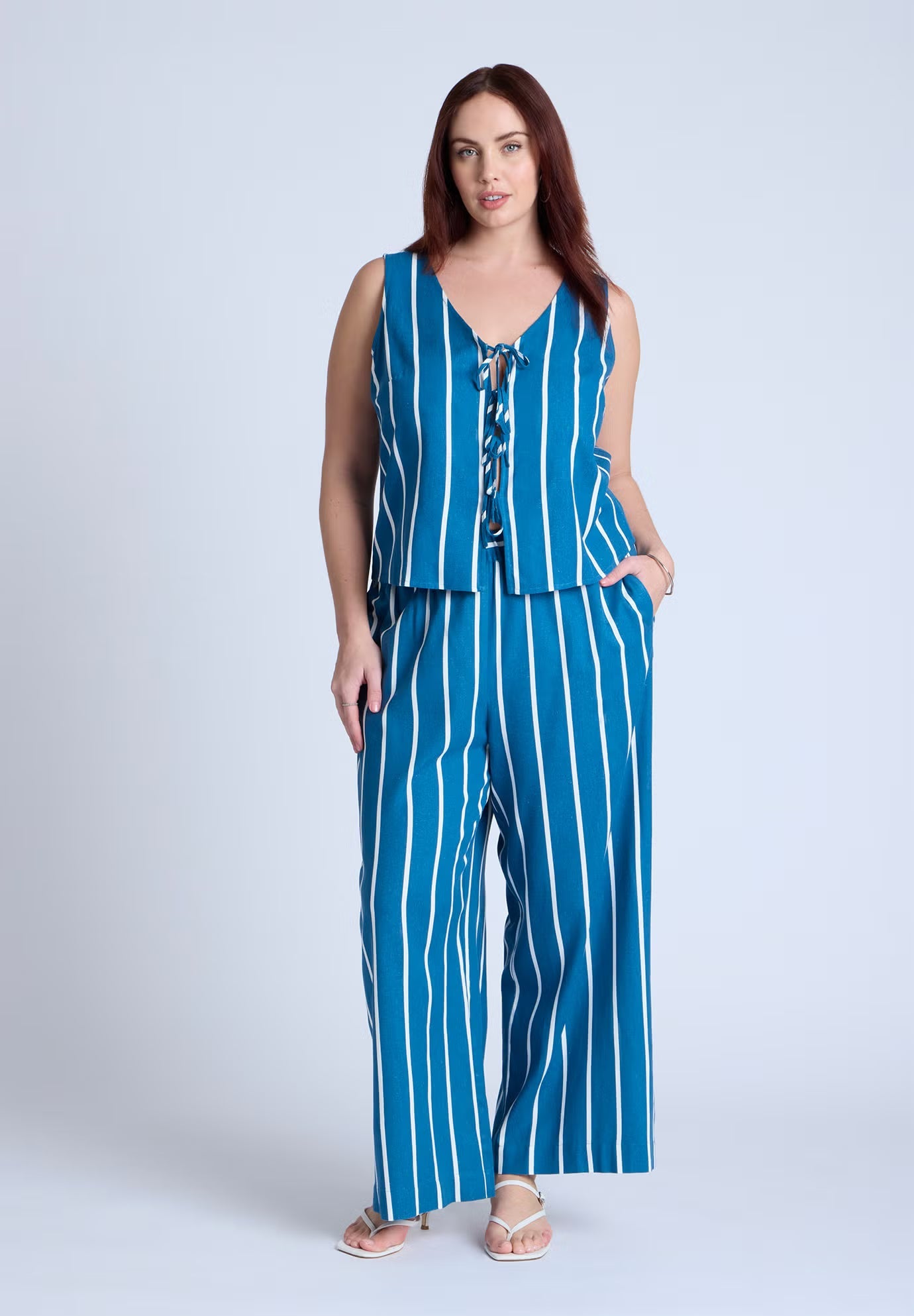 ELOQUII Linen-Blend Dainty Tie Vest Top - Mykonos Blue Stripe