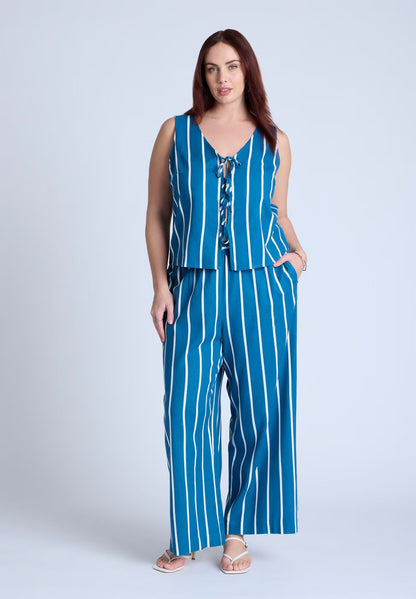 ELOQUII Linen-Blend Dainty Tie Vest Top - Mykonos Blue Stripe