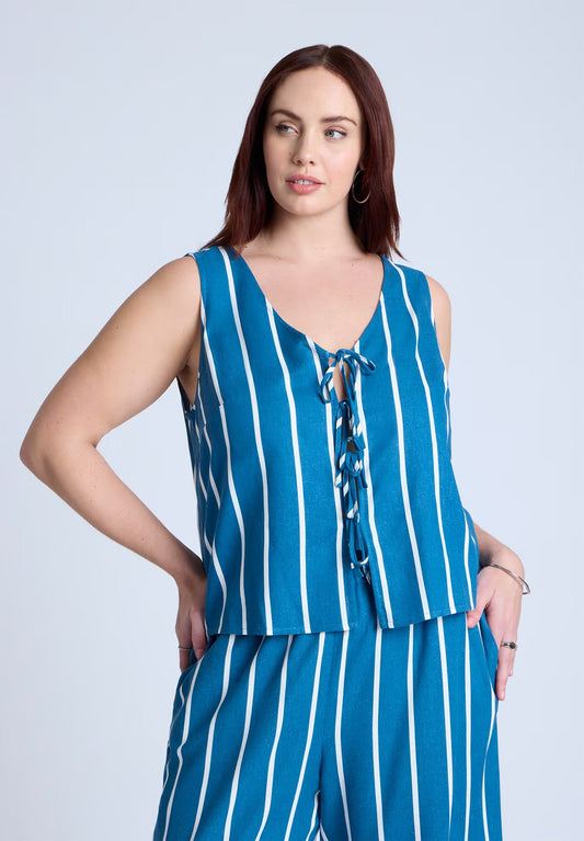 ELOQUII Linen-Blend Dainty Tie Vest Top - Mykonos Blue Stripe