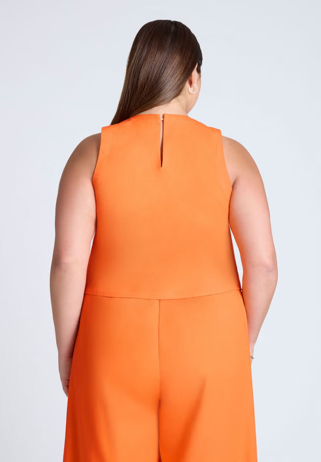 ELOQUII Linen-Blend Boxy Scoop Neck Crop Tank - Bright Orange