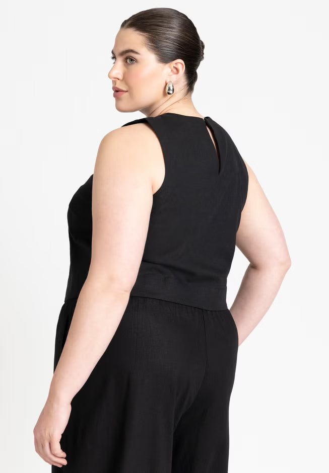 ELOQUII Linen-Blend Boxy Scoop Neck Crop Tank - Black Oynx