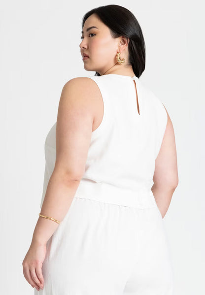 ELOQUII Linen-Blend Boxy Scoop Neck Crop Tank - Snow White