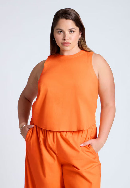 ELOQUII Linen-Blend Boxy Scoop Neck Crop Tank - Bright Orange