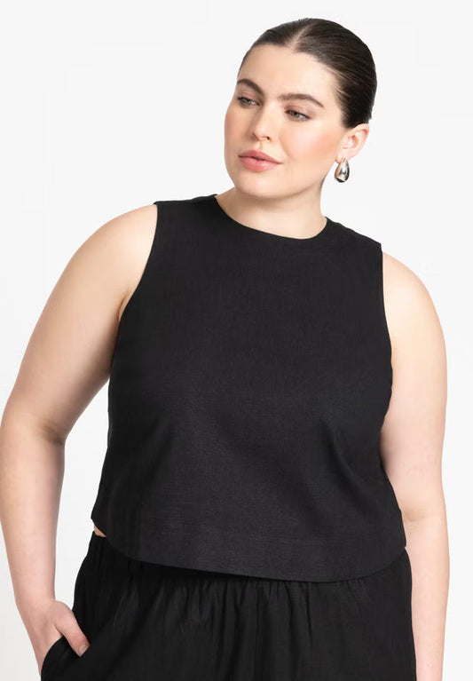 ELOQUII Linen-Blend Boxy Scoop Neck Crop Tank - Black Oynx