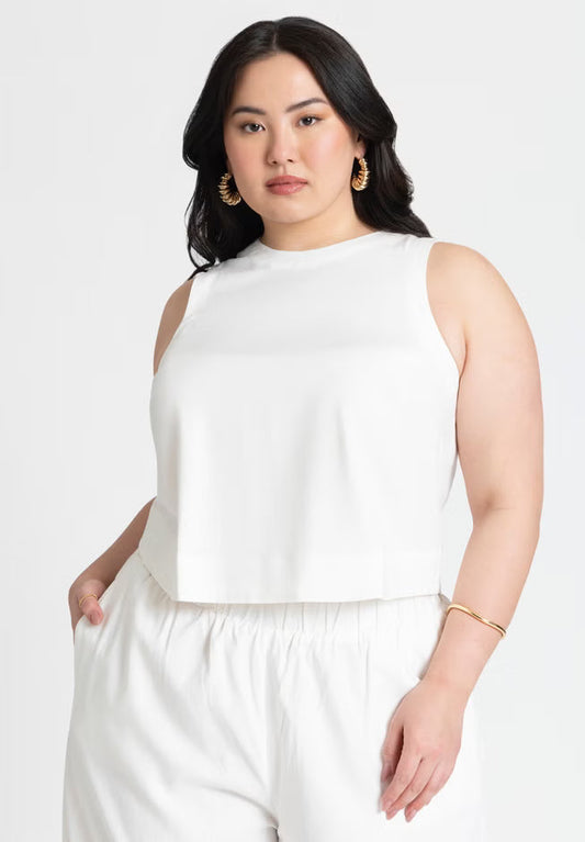 ELOQUII Linen-Blend Boxy Scoop Neck Crop Tank - Snow White