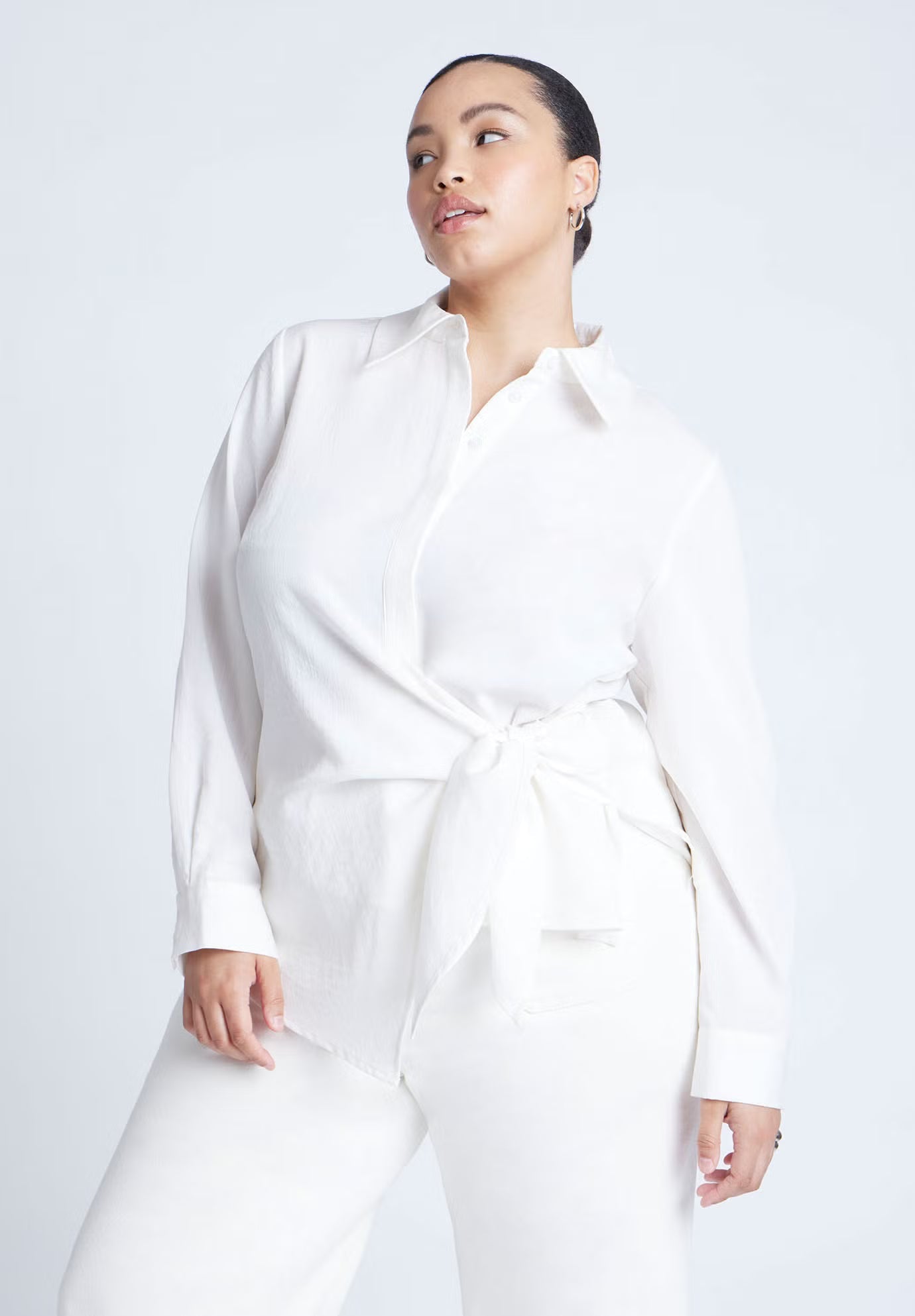 ELOQUII Hip Tie Collared Shirt - Blanc White
