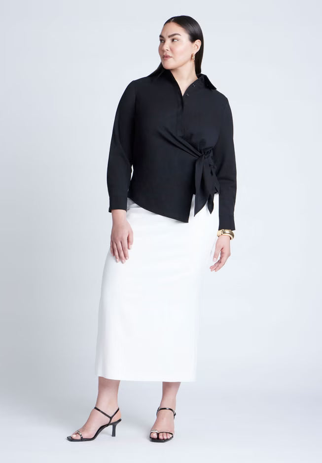 ELOQUII Hip Tie Collared Shirt - Black Onyx