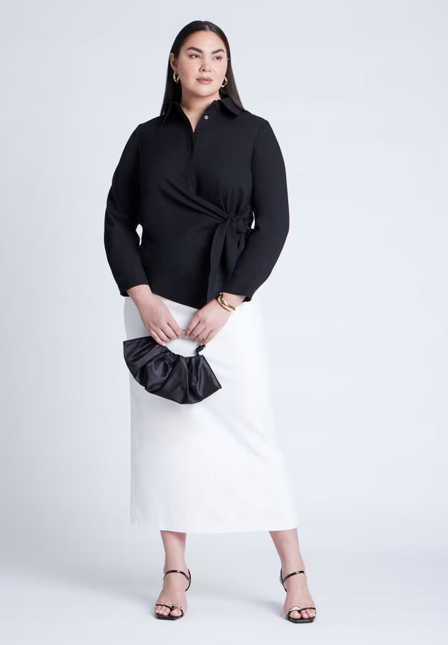 ELOQUII Hip Tie Collared Shirt - Black Onyx