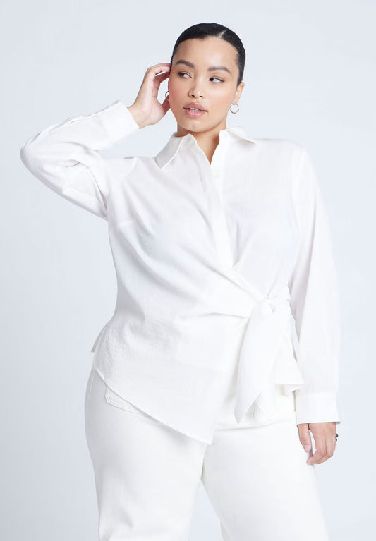 ELOQUII Hip Tie Collared Shirt - Blanc White