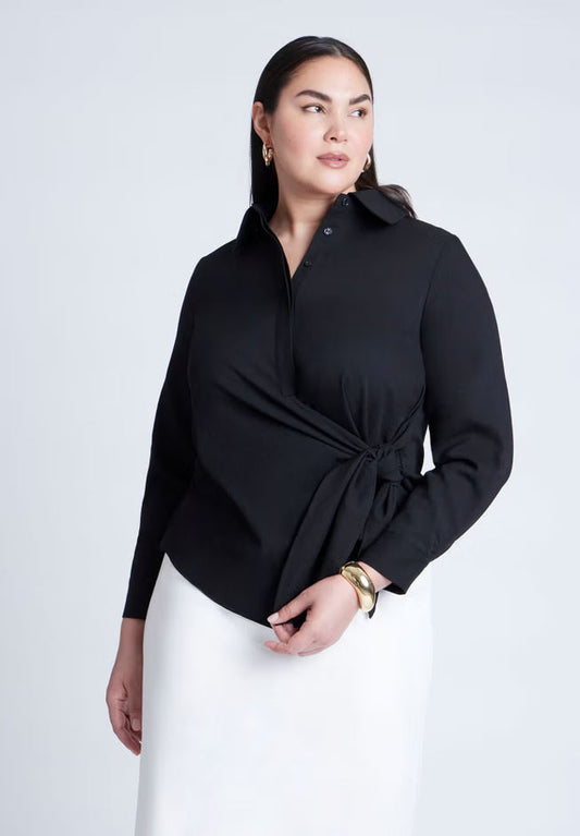 ELOQUII Hip Tie Collared Shirt - Black Onyx
