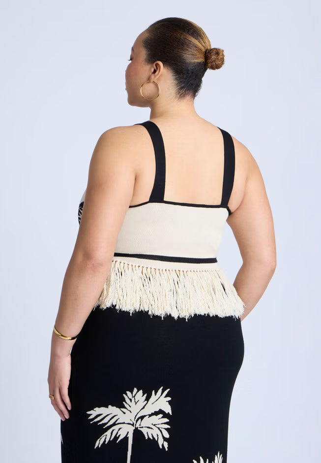 ELOQUII Fringe Crop Top - Black White Trio Palm