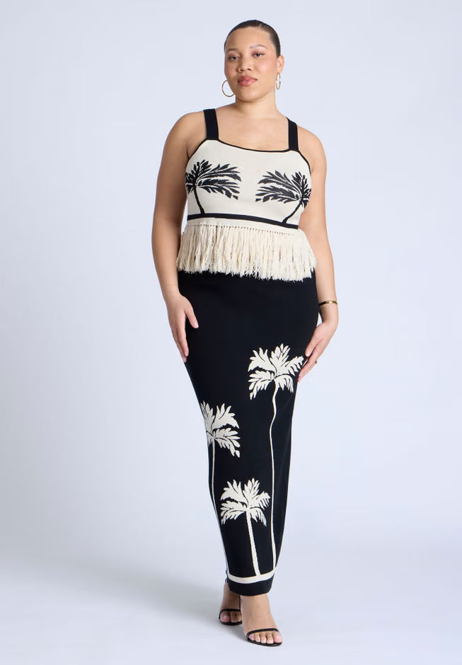 ELOQUII Fringe Crop Top - Black White Trio Palm