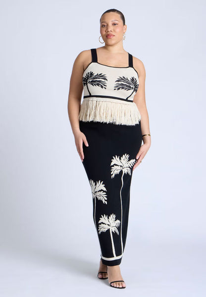 ELOQUII Fringe Crop Top - Black White Trio Palm