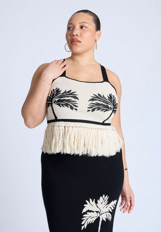 ELOQUII Fringe Crop Top - Black White Trio Palm