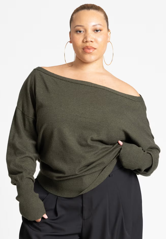 ELOQUII Slouchy Sweater - Green Jacket Heather