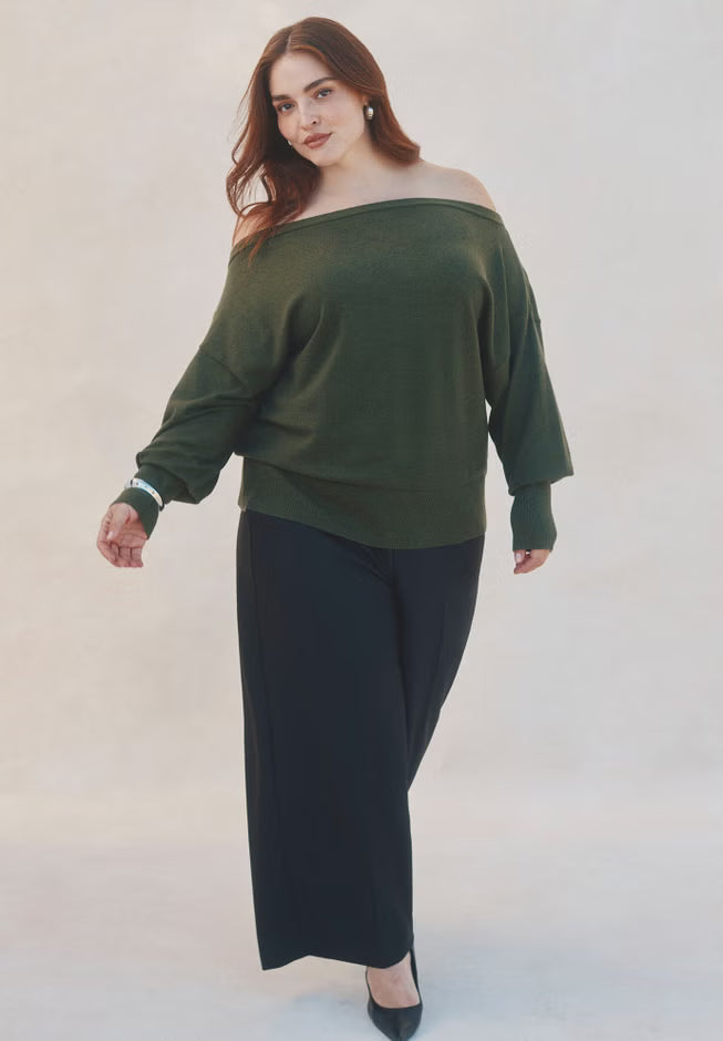 ELOQUII Slouchy Sweater - Green Jacket Heather