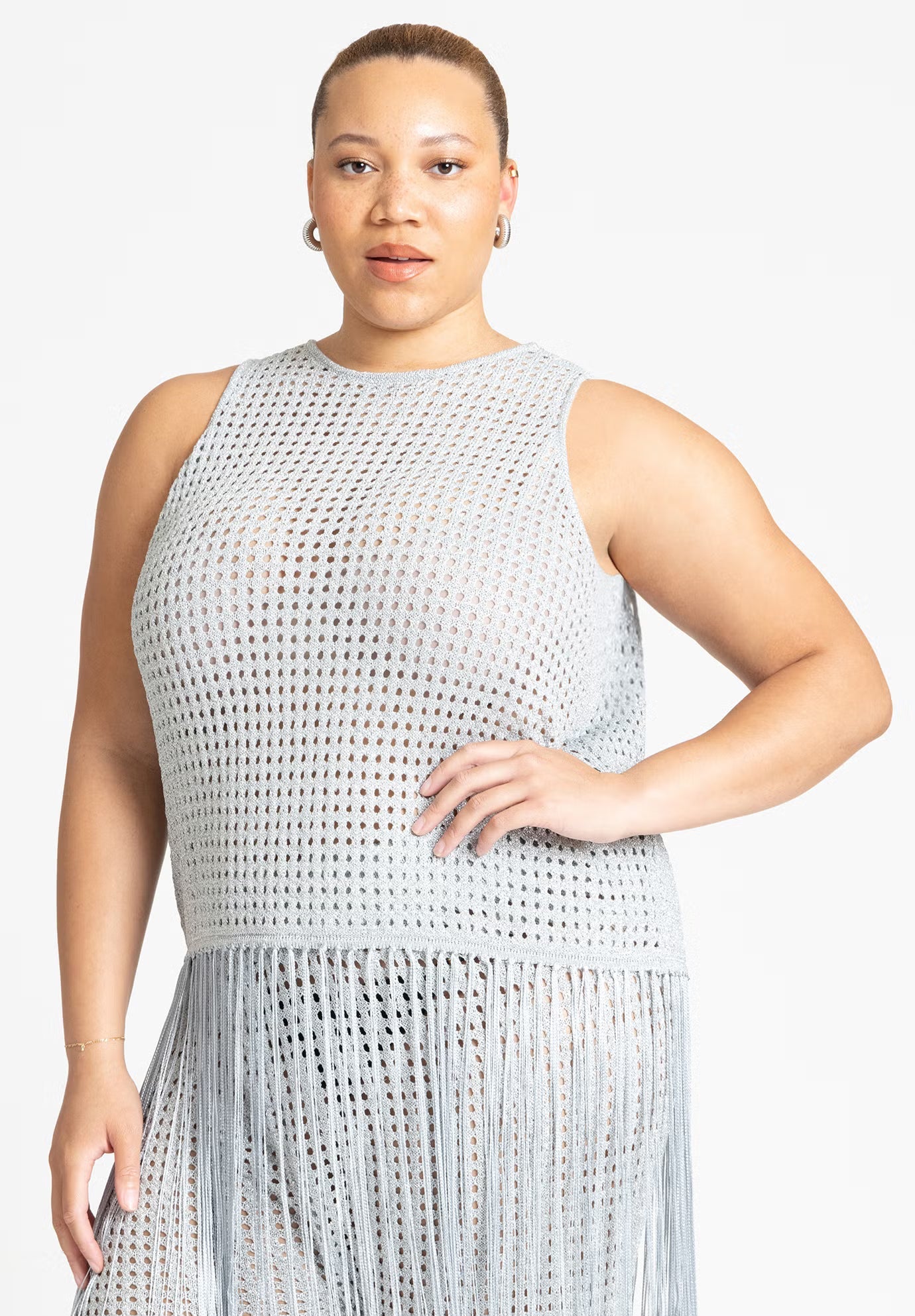 ELOQUII Crochet Fringe Sweater Tank - Silver