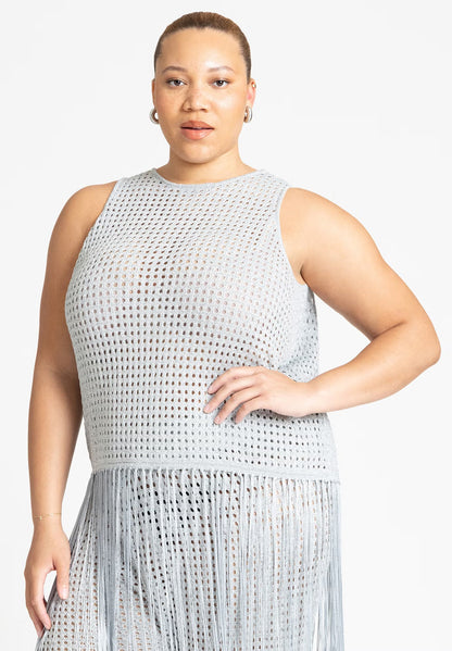 ELOQUII Crochet Fringe Sweater Tank - Silver