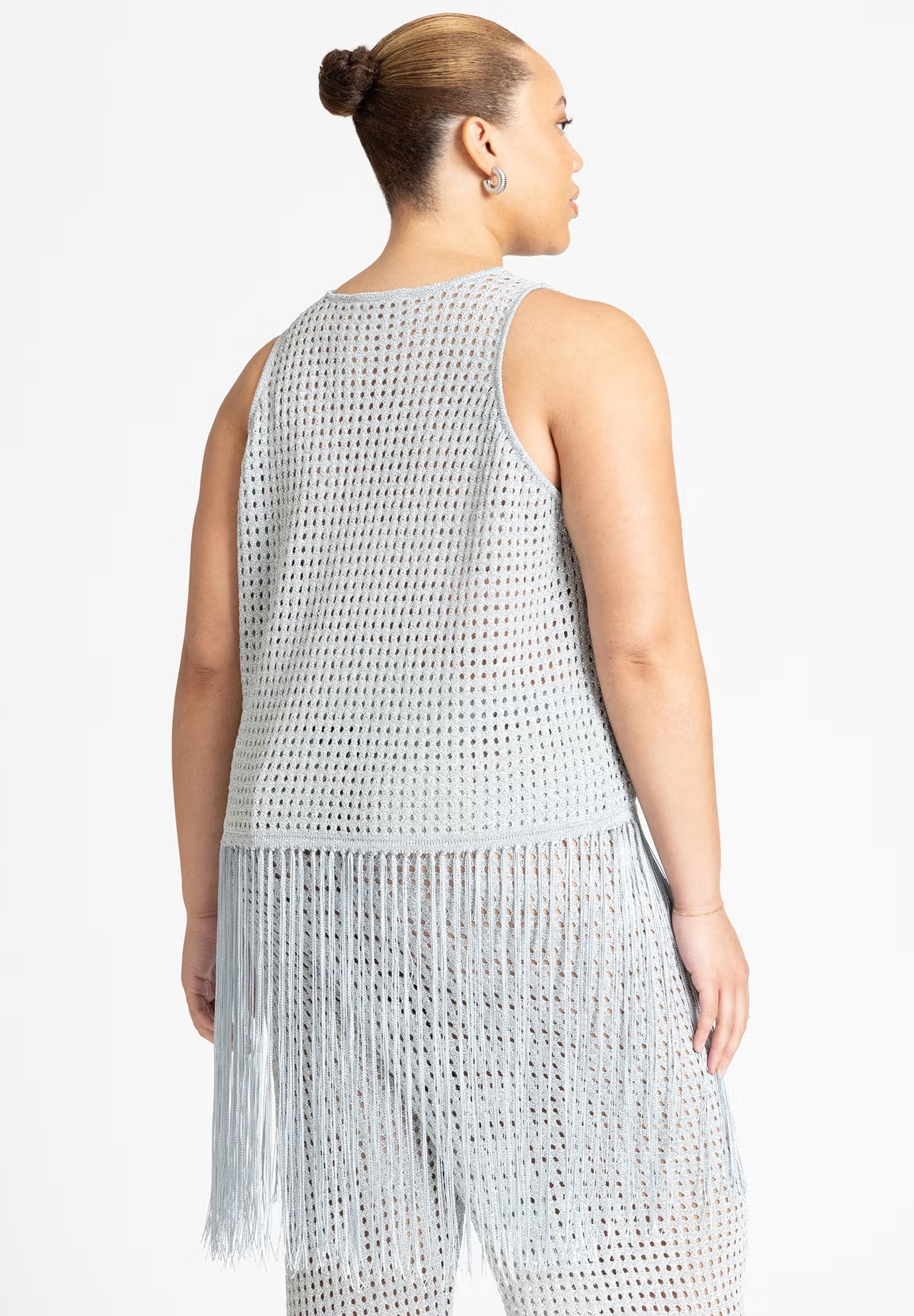ELOQUII Crochet Fringe Sweater Tank - Silver