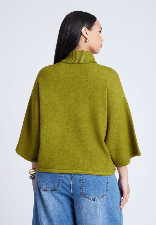 ELOQUII Boxy Three Quarter Sleeve Turtleneck - Chartreuse