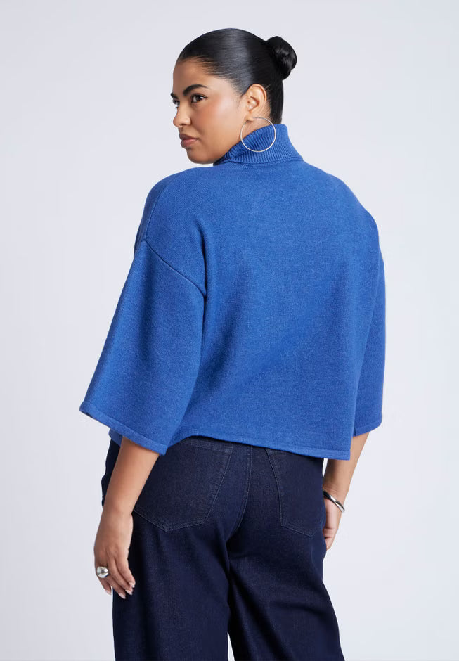 ELOQUII Boxy Three Quarter Sleeve Turtleneck - Storm Blue