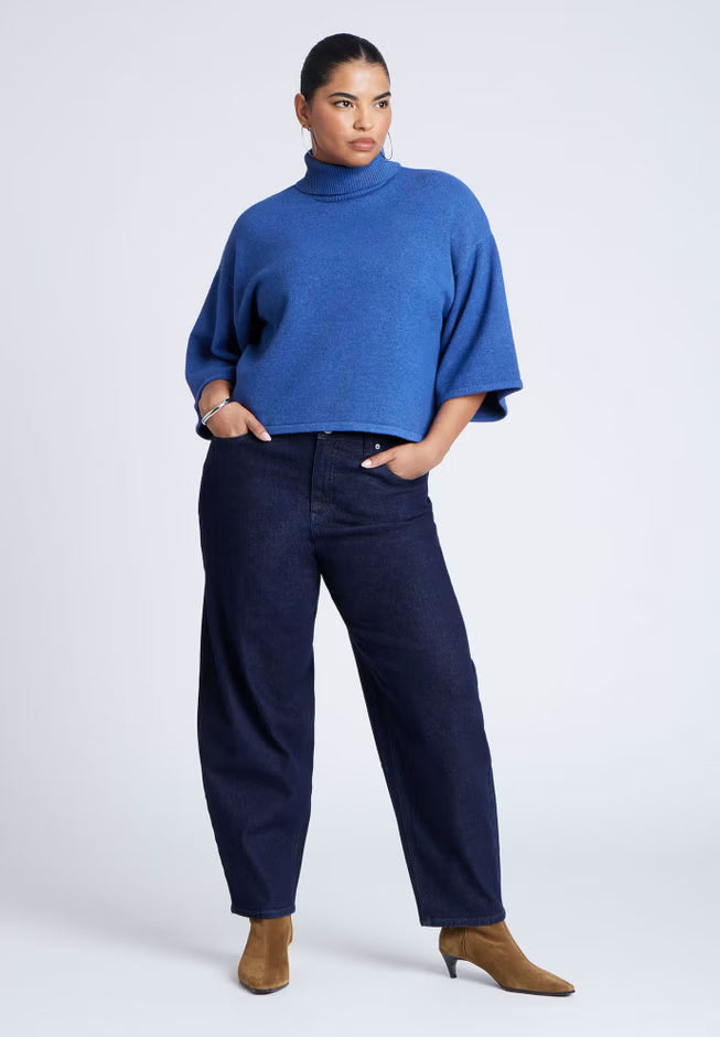 ELOQUII Boxy Three Quarter Sleeve Turtleneck - Storm Blue