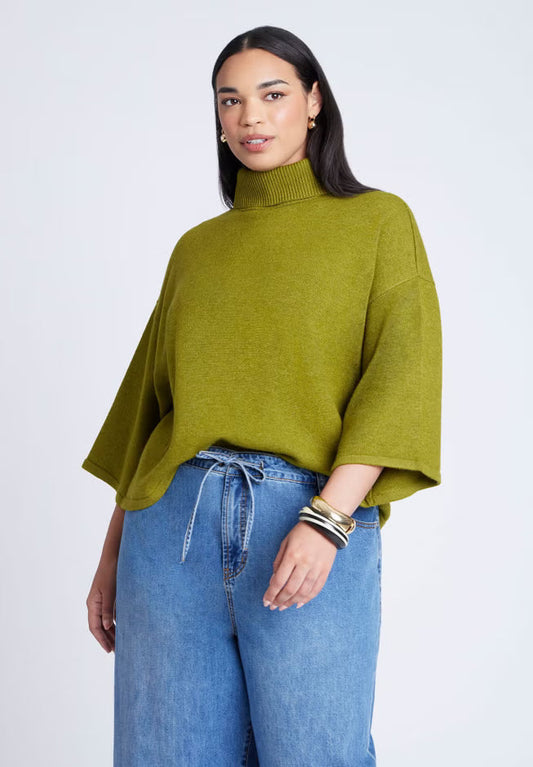 ELOQUII Boxy Three Quarter Sleeve Turtleneck - Chartreuse