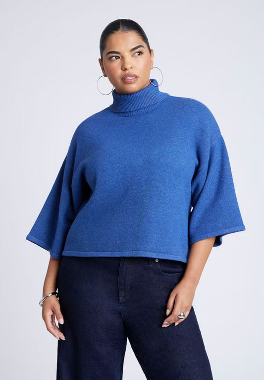 ELOQUII Boxy Three Quarter Sleeve Turtleneck - Storm Blue
