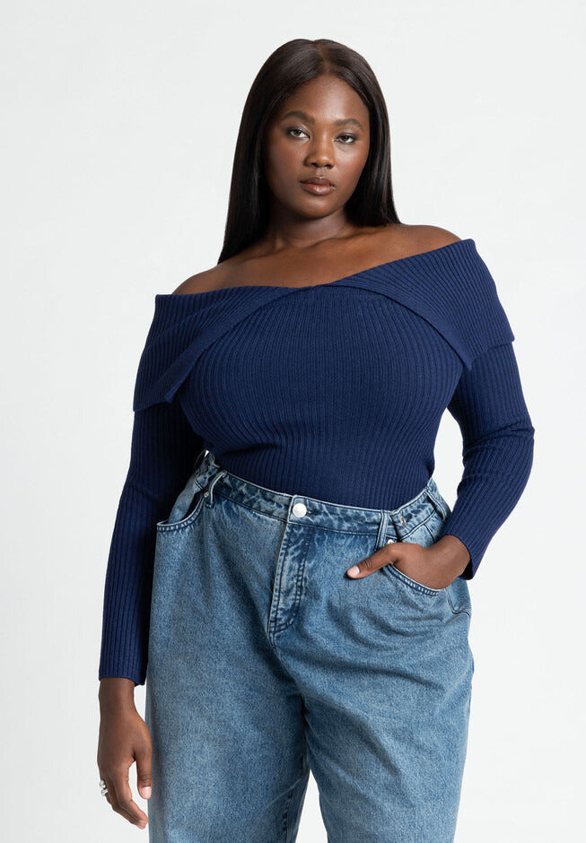 ELOQUII Women's Ribbed Off The Shoulder Sweater
