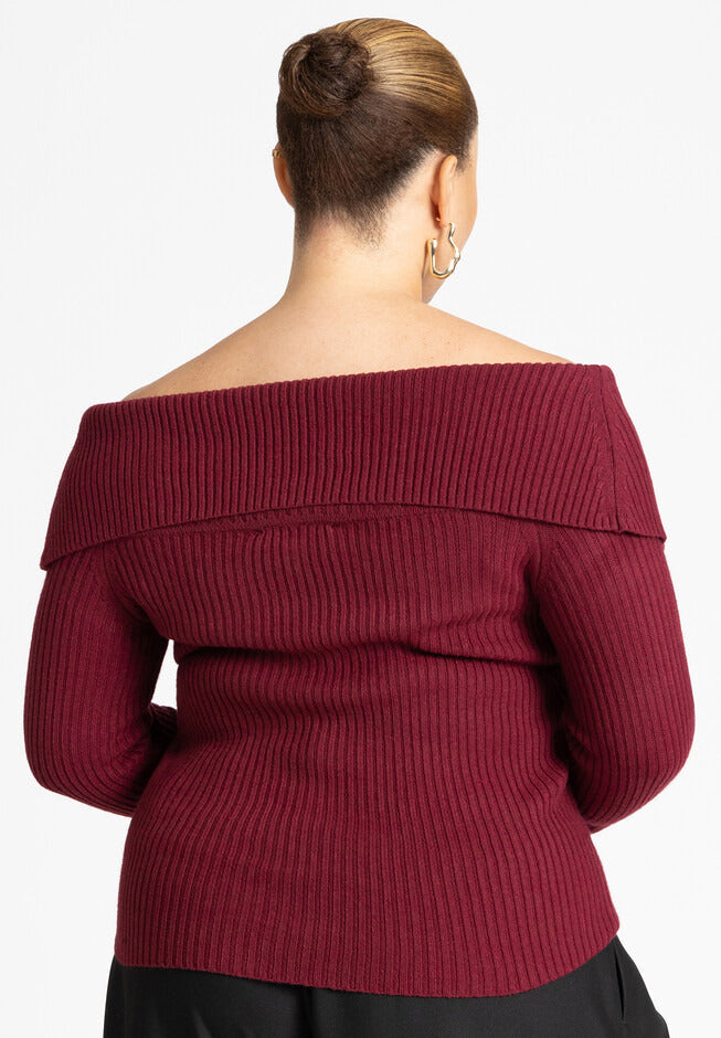 ELOQUII Women's Ribbed Off The Shoulder Sweater