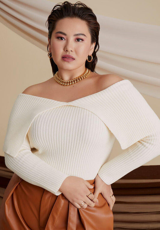 ELOQUII Women's Ribbed Off The Shoulder Sweater