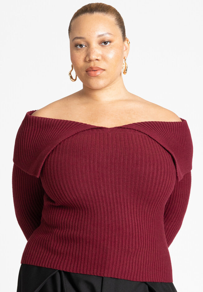 ELOQUII Women's Ribbed Off The Shoulder Sweater