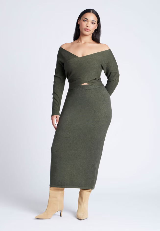 ELOQUII Wrap Front Cropped Sweater - Green Jacket Heather