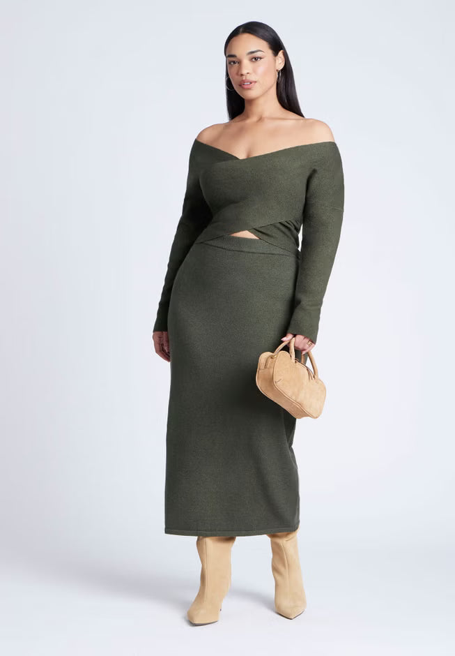 ELOQUII Wrap Front Cropped Sweater - Green Jacket Heather