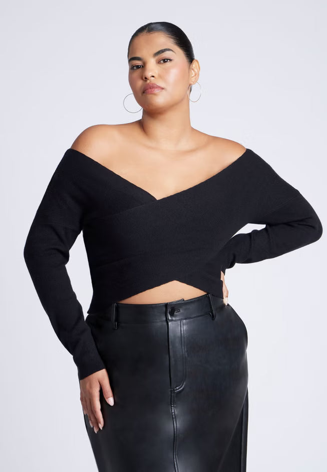 ELOQUII Wrap Front Cropped Sweater - Black