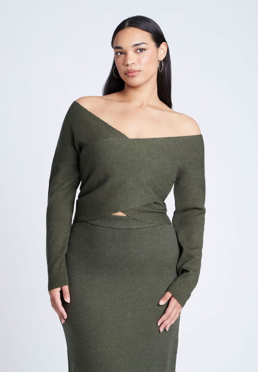 ELOQUII Wrap Front Cropped Sweater - Green Jacket Heather