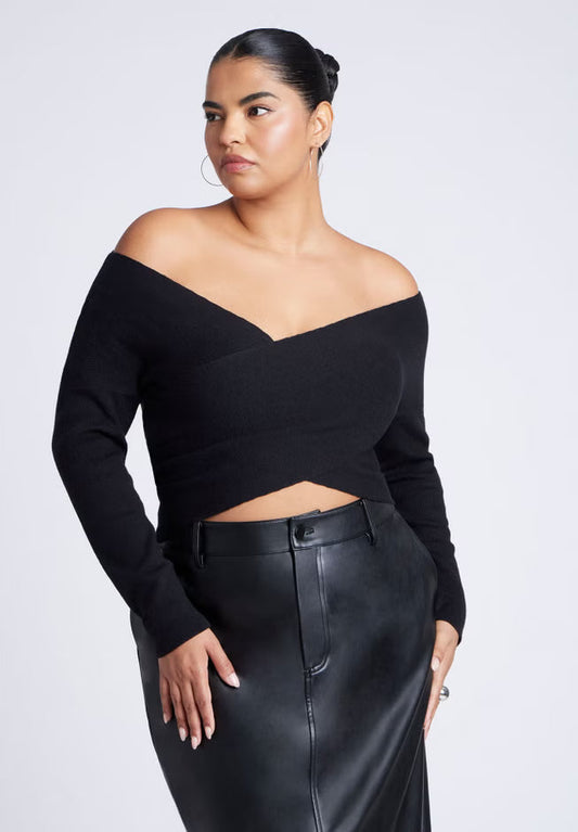 ELOQUII Wrap Front Cropped Sweater - Black