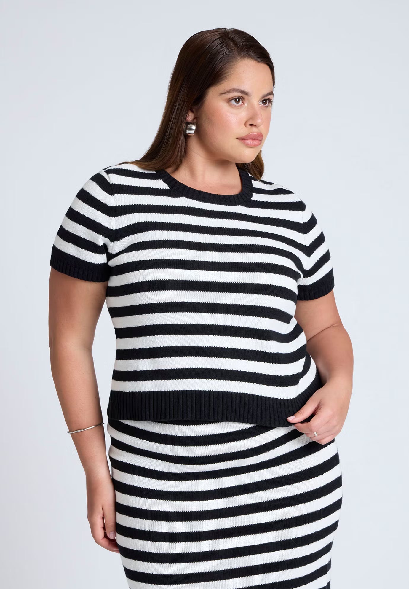 ELOQUII Fitted Sweater Top - Black White Stripe