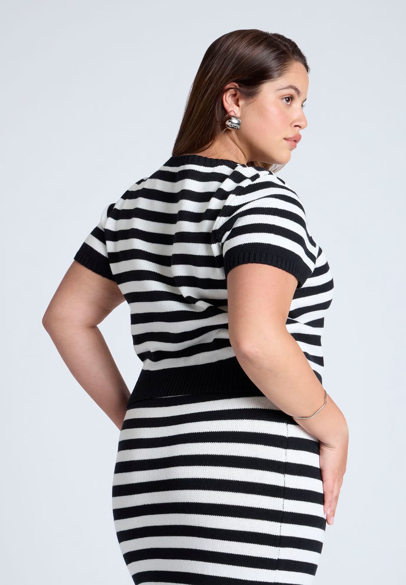 ELOQUII Fitted Sweater Top - Black White Stripe
