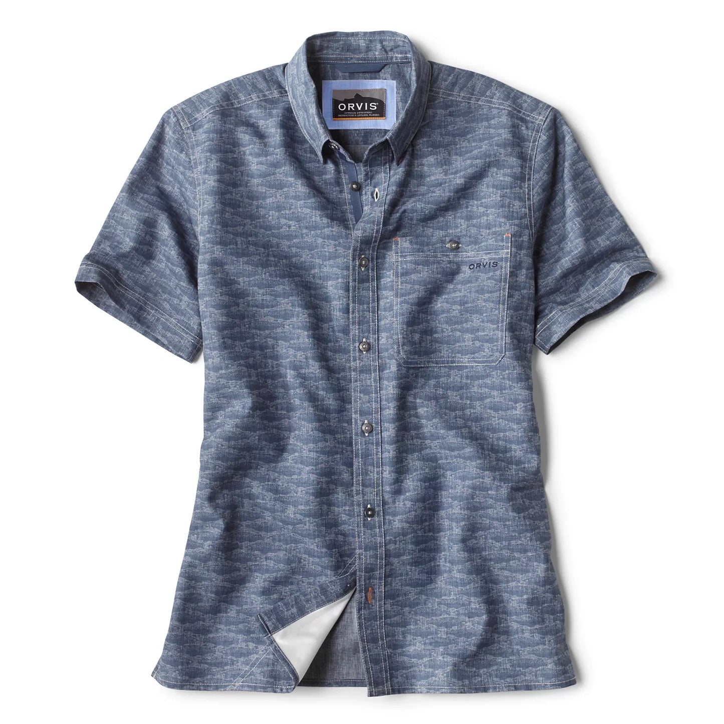 Orvis Men's Tech Chambray Printed Short-Sleeve Shirt - BLUE CHAMBRAY SCHOOL OF FISH