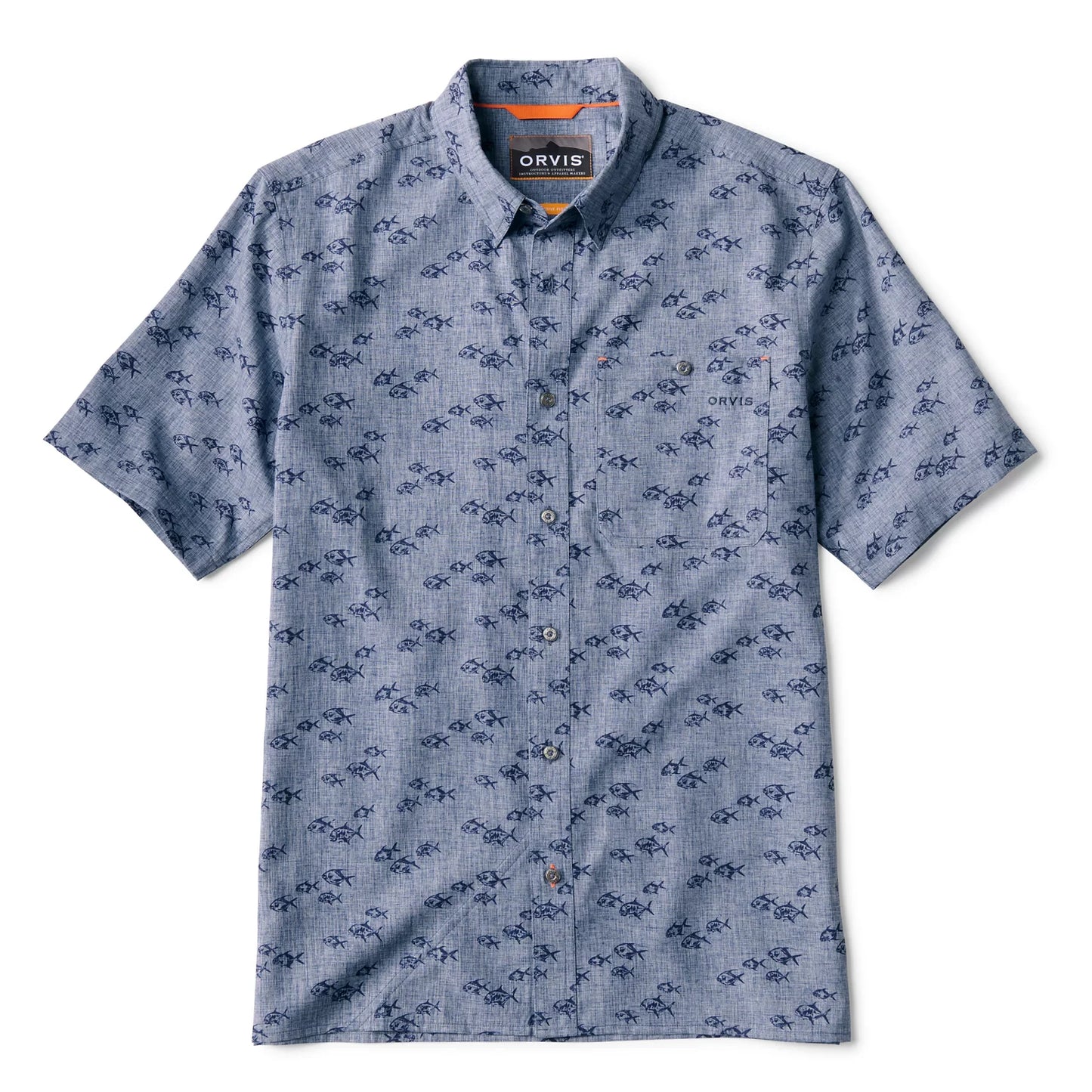Orvis Men's Tech Chambray Printed Short-Sleeve Shirt - BLUE CHAMBRAY PERMIT