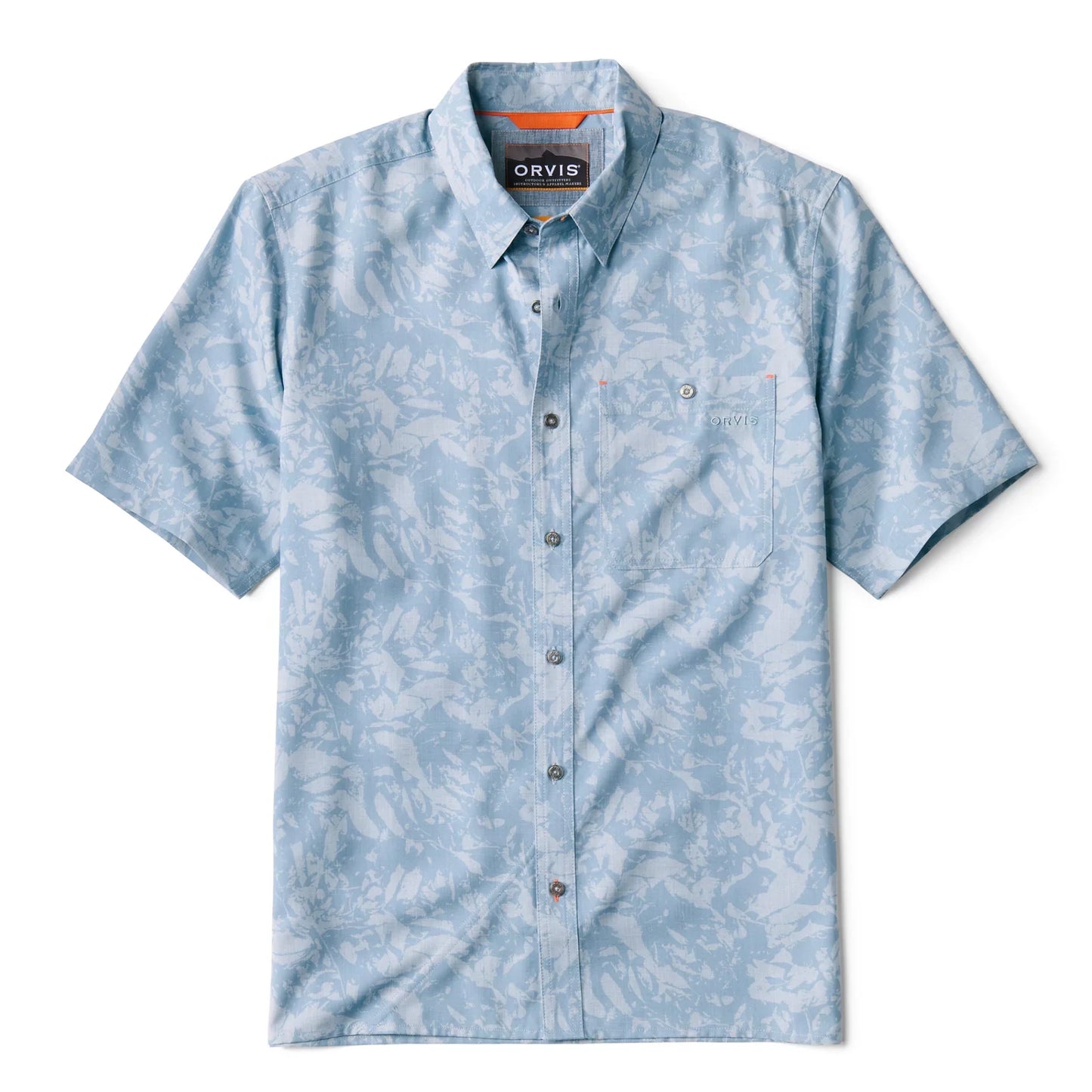 Orvis Men's Tech Chambray Printed Short-Sleeve Shirt - MINERAL BLUE LEAF CAMO
