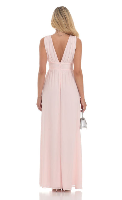 Lucy in the Sky Chiffon Plunge Maxi Dress in Pink