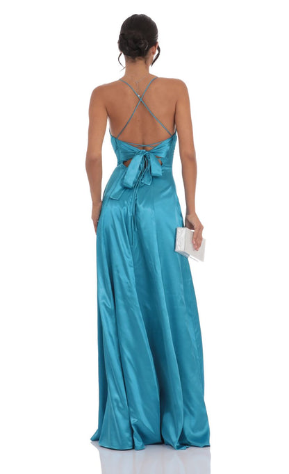 Lucy in the Sky Satin Draped Maxi Dress in Aqua Blue