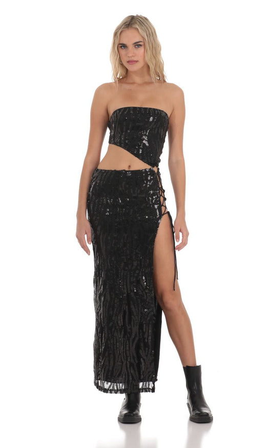 Lucy in the Sky Strapless Sequin Cutout Maxi Dress in Black