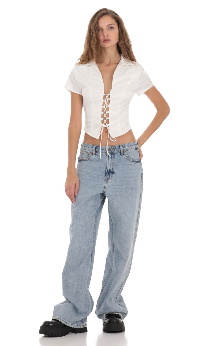 Lucy in the Sky Collared Lace-Up Top in White